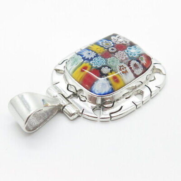 950 Silver Vintage Multi-Color Glass Floral Pendant - Picture 7 of 8